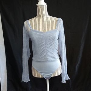 Blue long sleeves  tulle bodysuit mesh top size medium